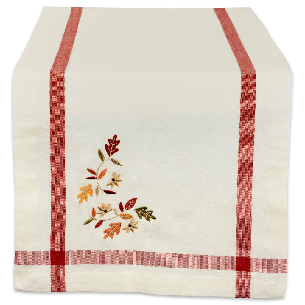 Natural Embroidered Fall Leaves Corner With Border Table Runner 14x72