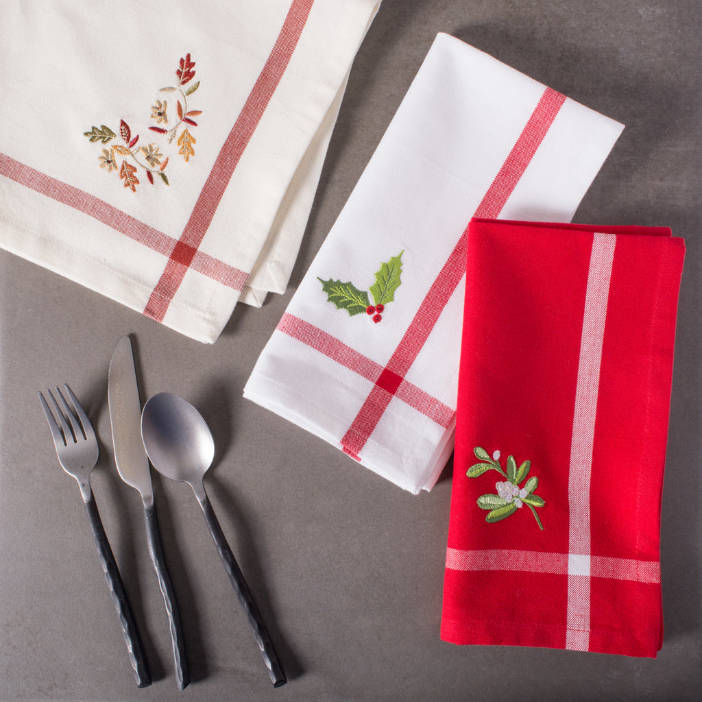 Natural Embroidered Fall Leaves Bordered Napkin Set of 6