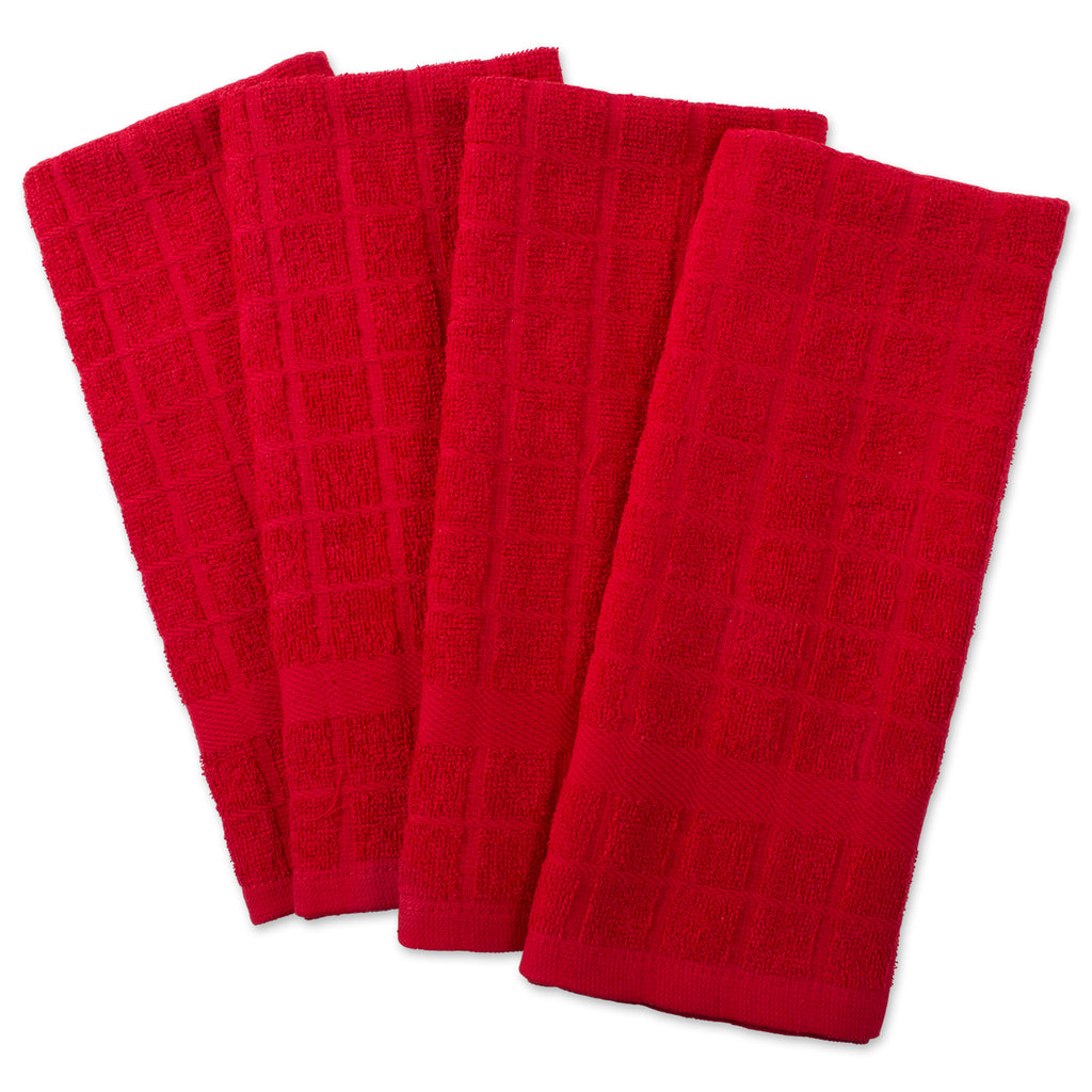 Solid Red Windowpane Terry Dishtowel Set/4