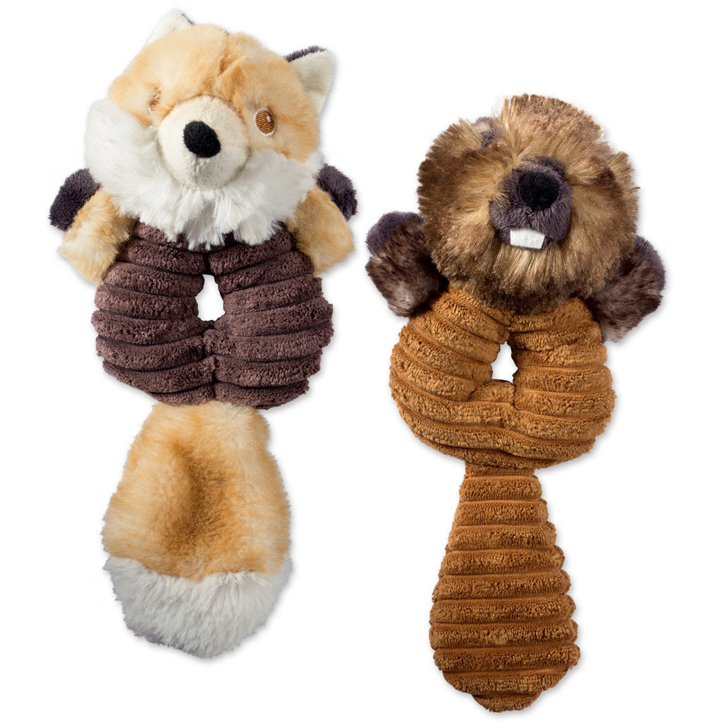 Beaver & Fox Plush Ring With Squeaker Pet Toy Set/2