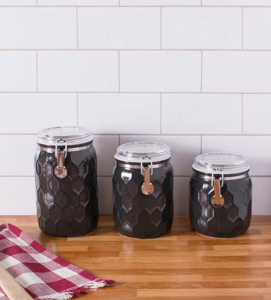 Black Honeycomb Canister With Clamp Lock Lid Set of 3
