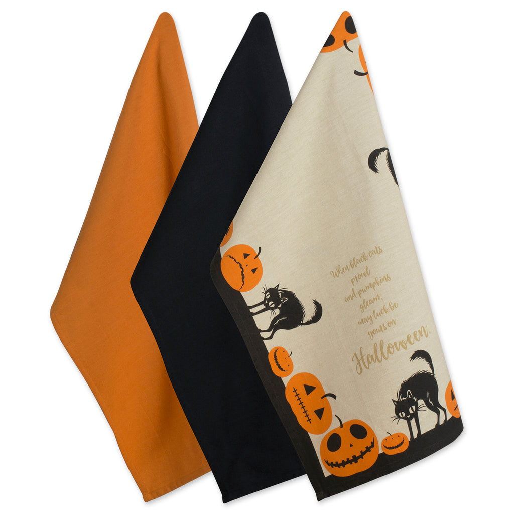 Asst Jack-O'-Lantern Halloween Printed Dishtowel Set/3