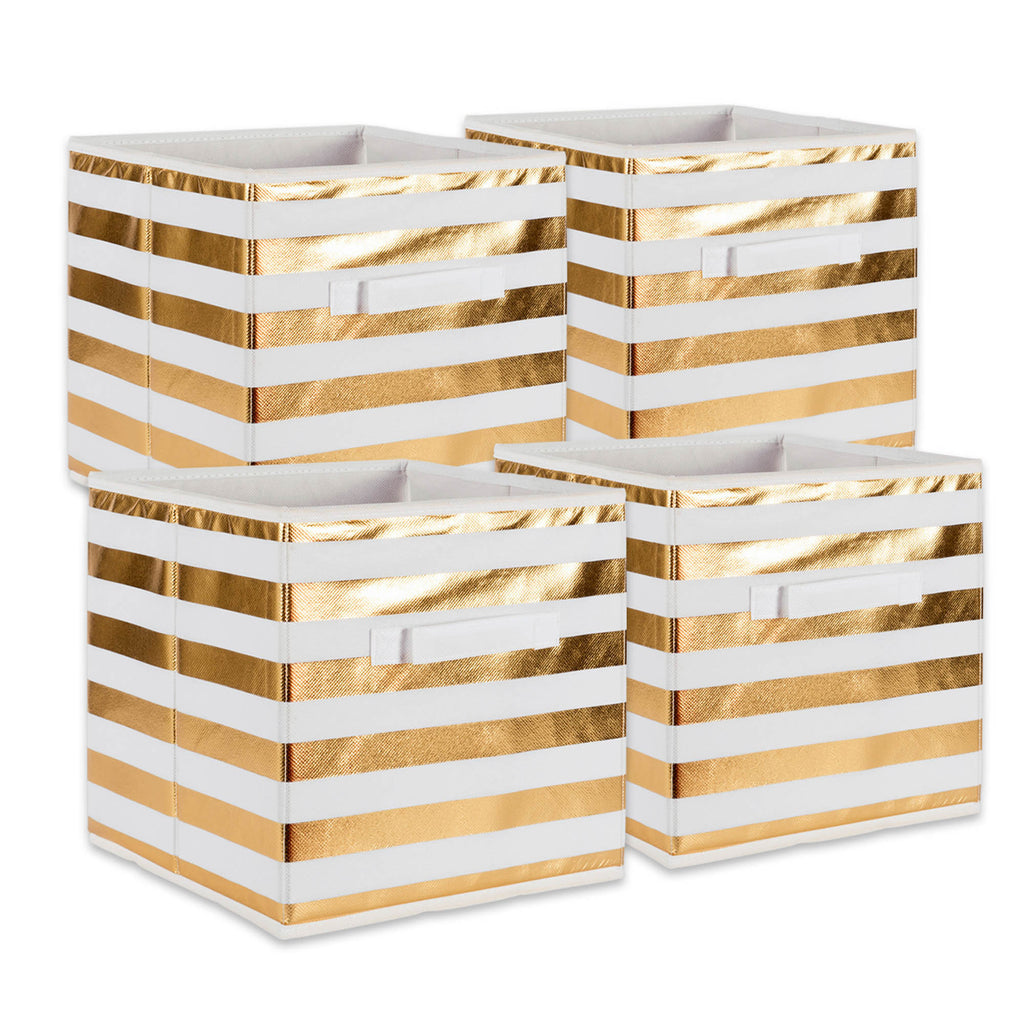 Nonwoven Polyester Cube Stripe White/Gold Square 11x11x11 Set/4
