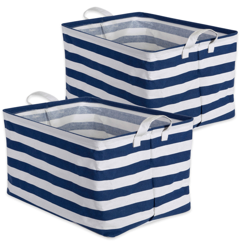 Pe Coated Cotton/Poly Laundry Bin Stripe Nautical Blue  Rectangle Large 10.5x17.5x10 Set/2