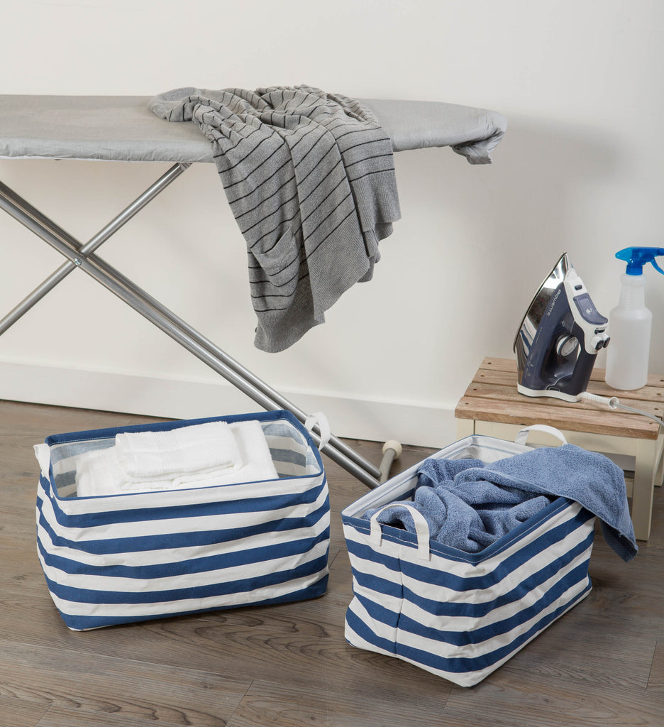 DII Pe Coated Cotton/Poly Laundry Bin Stripe Nautical Blue Rectangle Large Set of 2