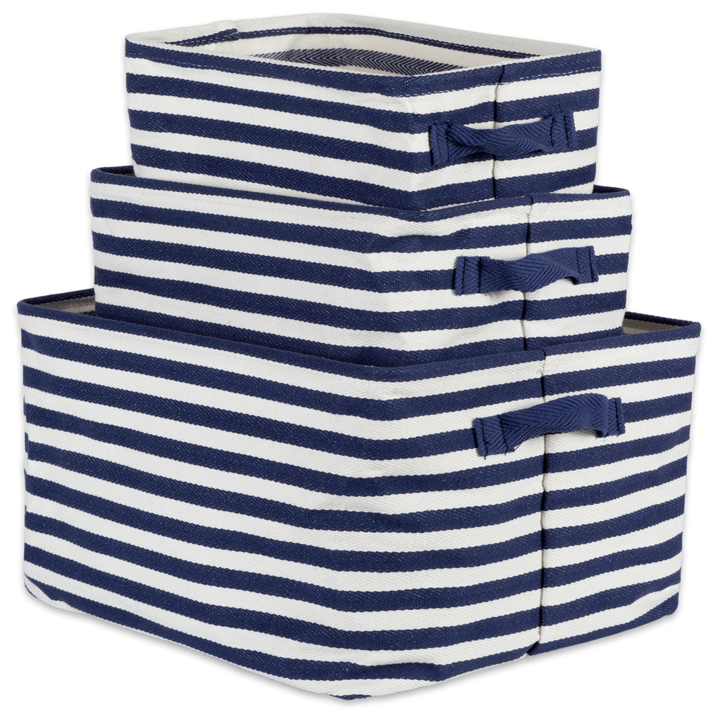 DII PE-Coated Herringbone Woven Cotton Laundry Bin Stripe French Blue Rectangle Assorted Set of 3