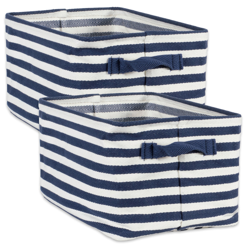 Pe Coated Herringbone Woven Cotton Laundry Bin Stripe French Blue Rectangle Small 12x8x7.5 Set/2