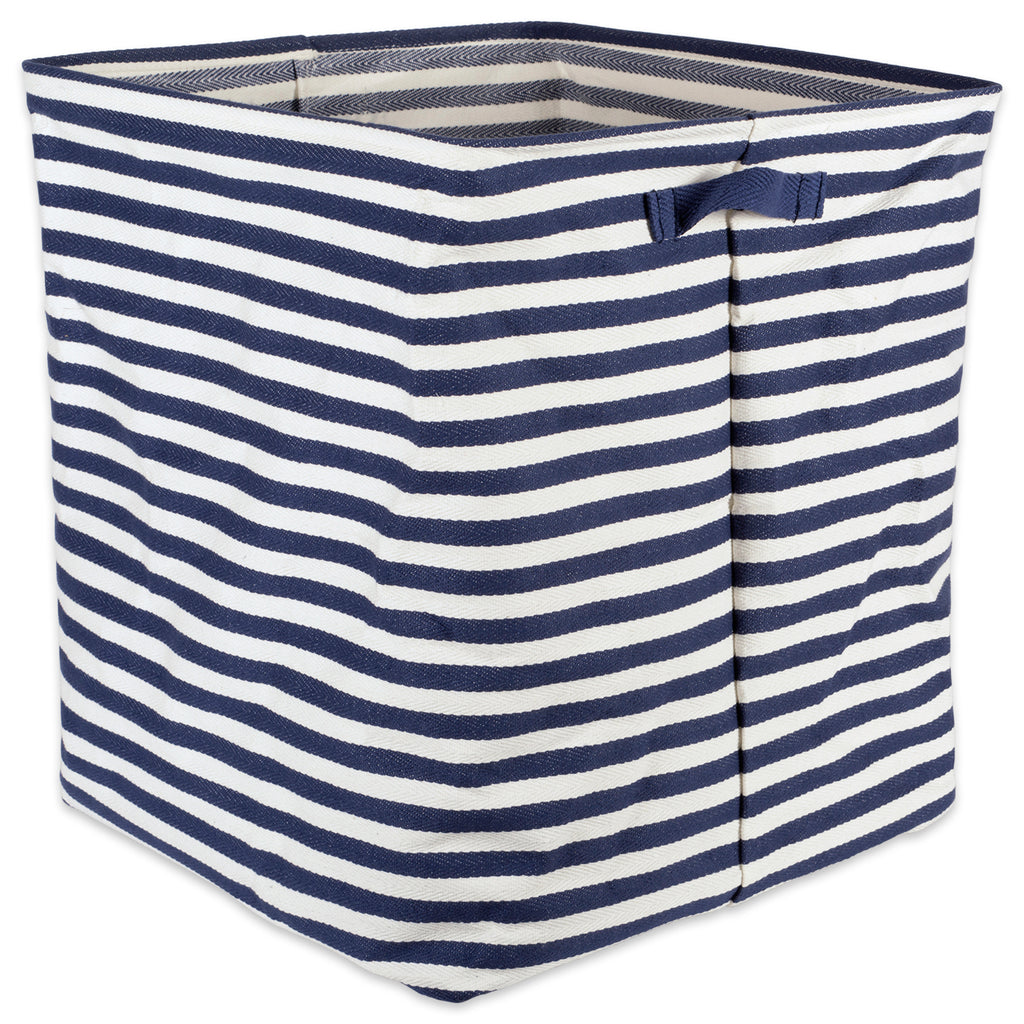 Pe Coated Herringbone Woven Cotton Laundry Hamper Stripe French Blue Rectangule 16x16x19