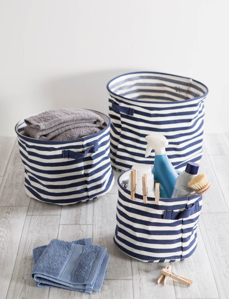 DII PE-Coated Herringbone Woven Cotton Laundry Bin Stripe French Blue Round Assorted Set of 3
