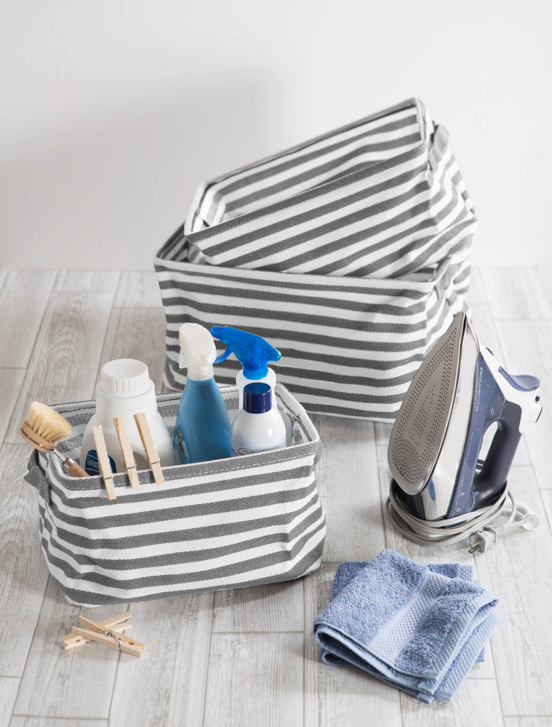 DII PE-Coated Herringbone Woven Cotton Laundry Bin Stripe Gray Rectangle Assorted Set of 3