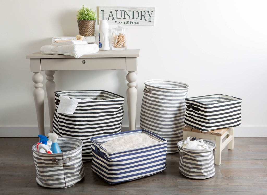 DII PE-Coated Herringbone Woven Cotton Laundry Bin Stripe Gray Round Assorted Set of 3