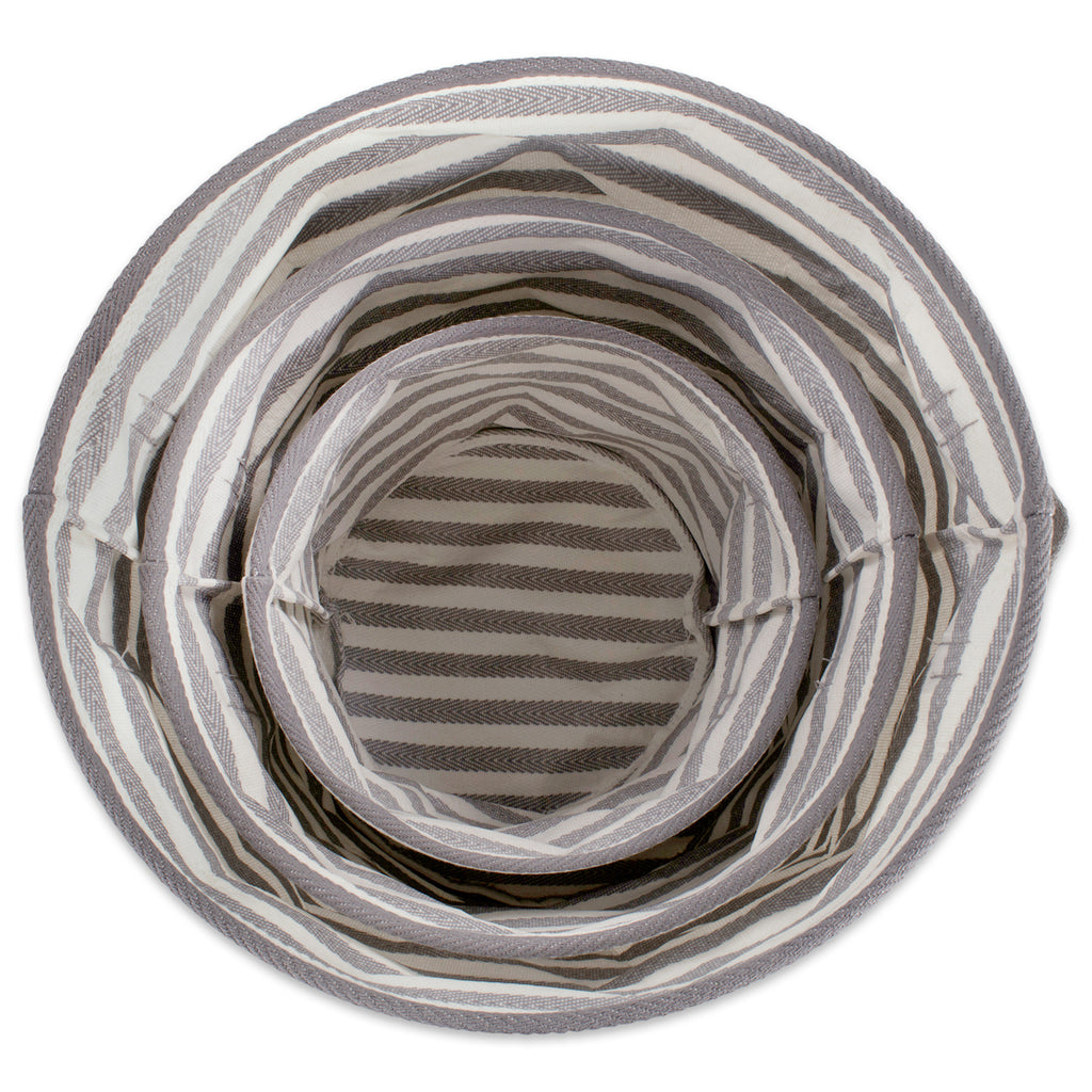 DII PE-Coated Herringbone Woven Cotton Laundry Bin Stripe Gray Round Assorted Set of 3