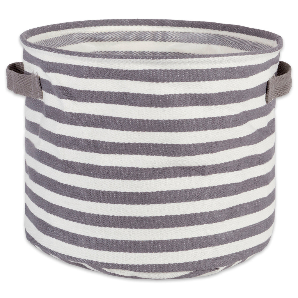 Pe Coated Herringbone Woven Cotton Laundry Bin Stripe Gray Round Small 9.5x9.5x8 Set/2