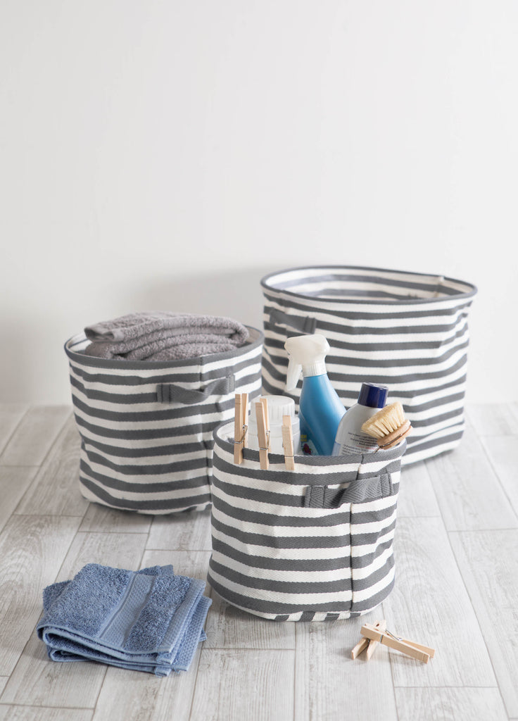 DII Pe Coated Herringbone Woven Cotton Laundry Bin Stripe Gray Round Medium Set of 2