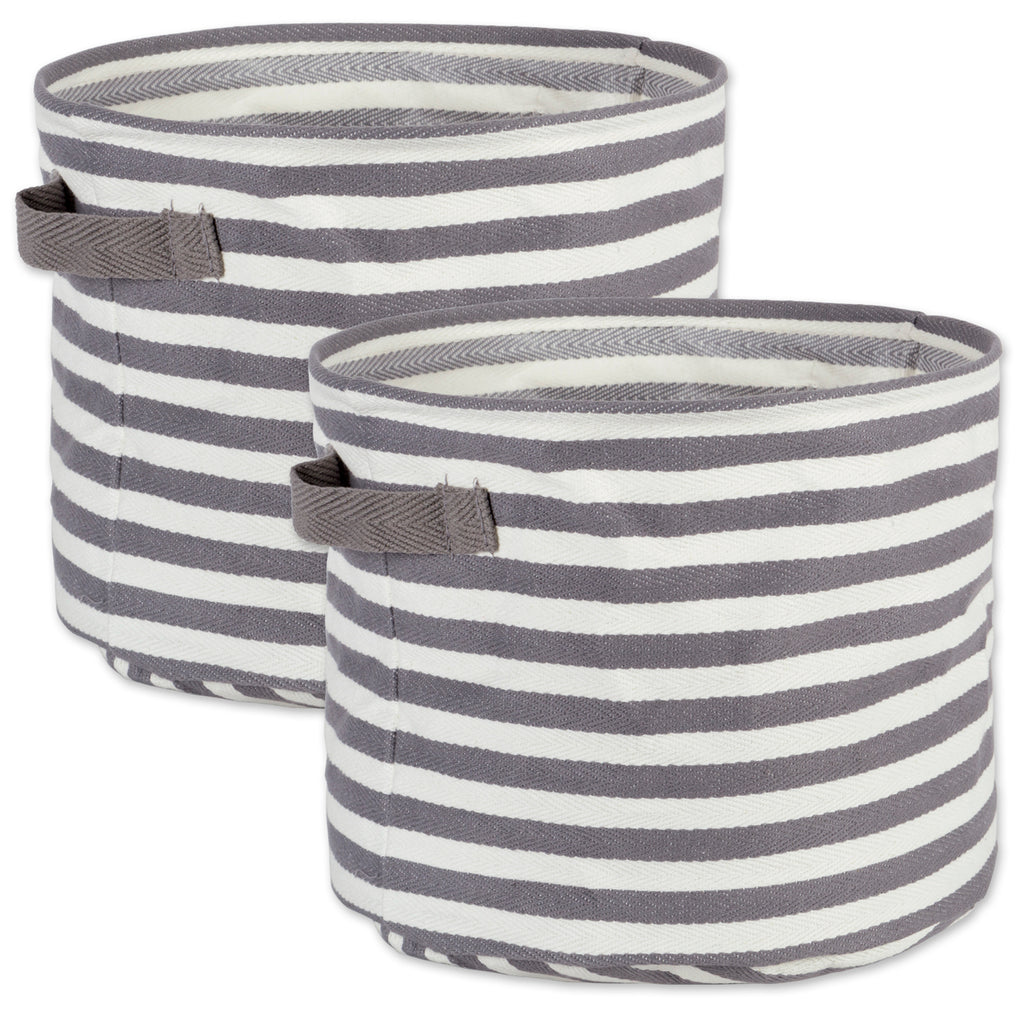 Pe Coated Herringbone Woven Cotton Laundry Bin Stripe Gray Round Medium 12x12x9.5 Set/2
