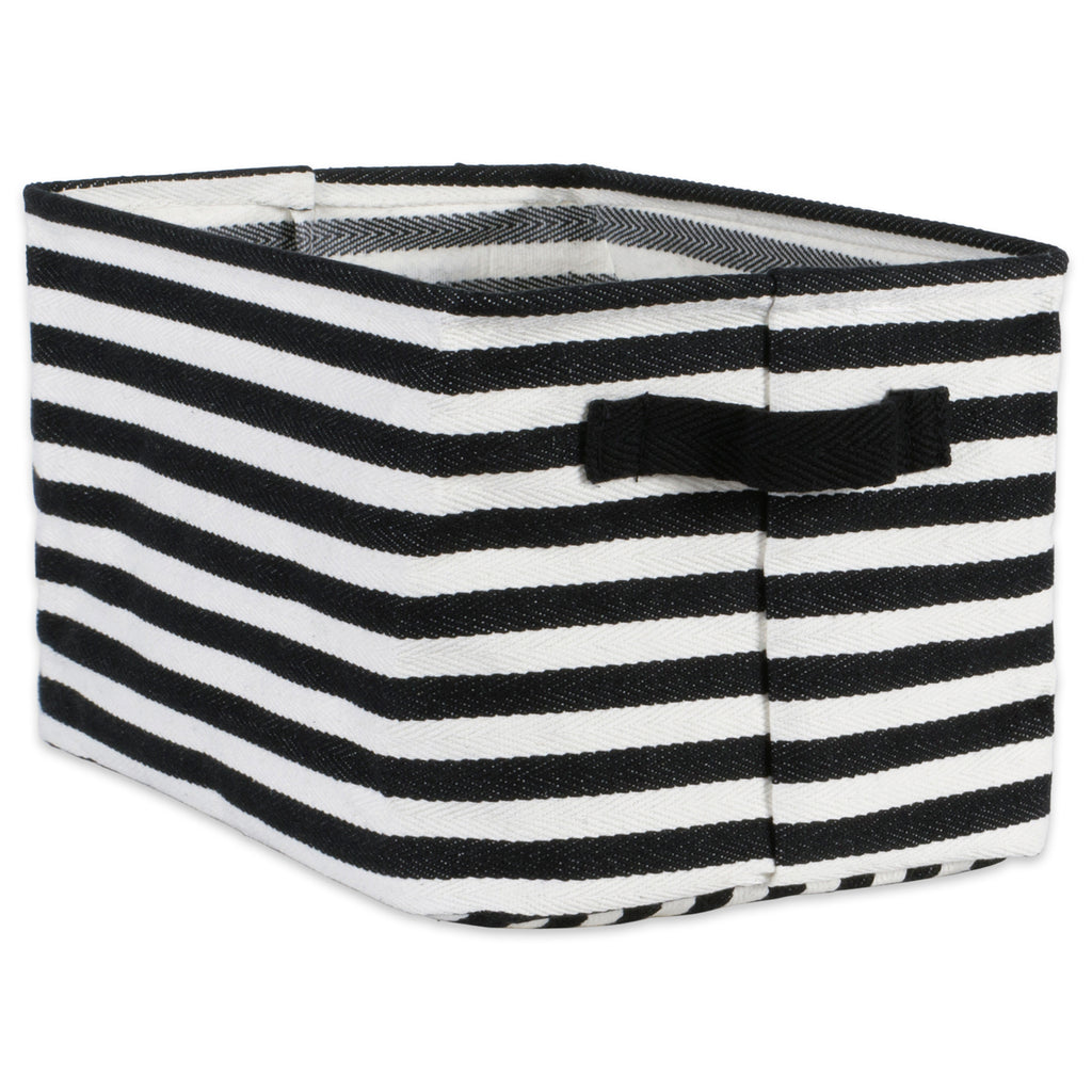 Pe Coated Herringbone Woven Cotton Laundry Bin Stripe Black Rectangle Medium 14x9x8 Set/2