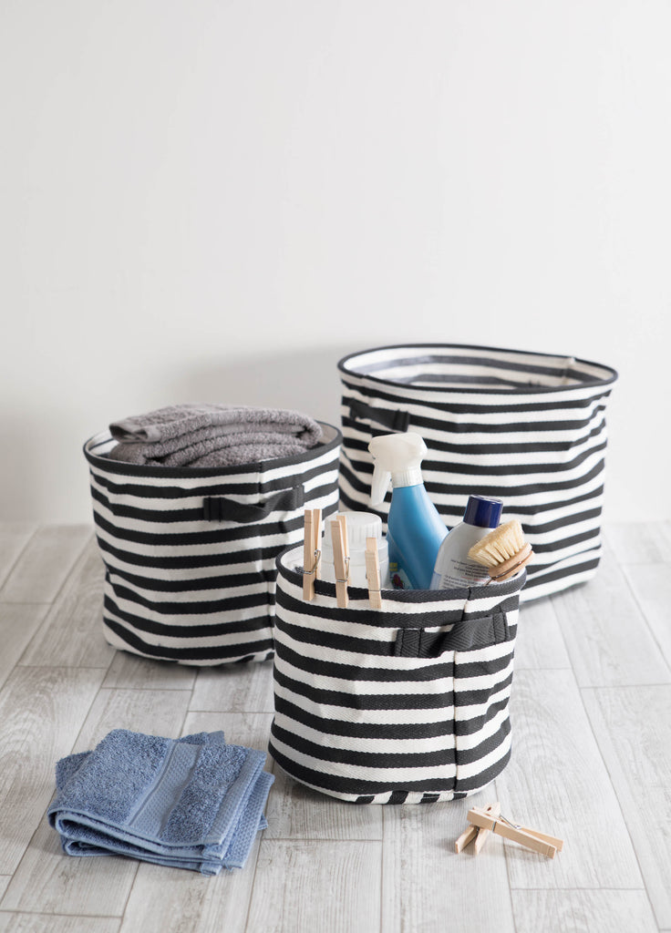 DII PE-Coated Herringbone Woven Cotton Laundry Bin Stripe Black Round Assorted Set of 3