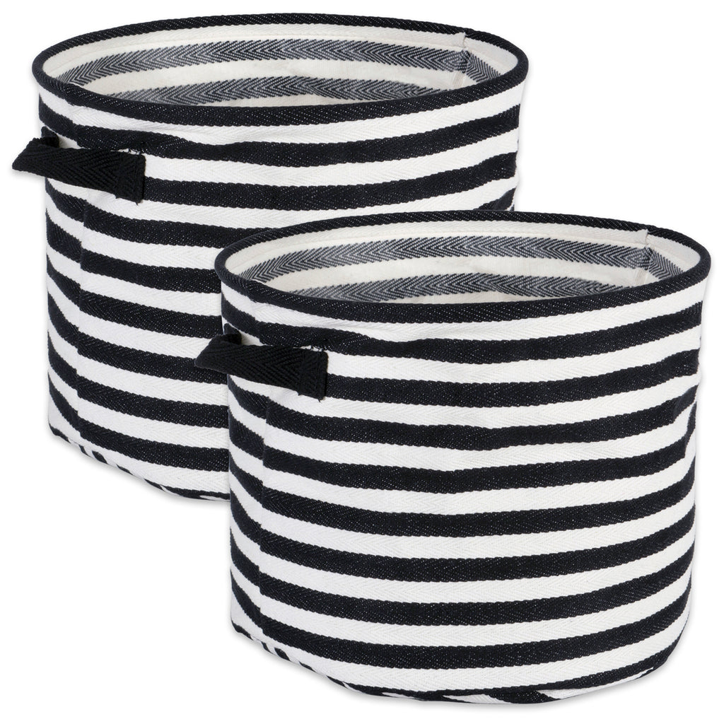 Pe Coated Herringbone Woven Cotton Laundry Bin Stripe Black Round Small 9.5x9.5x8 Set/2
